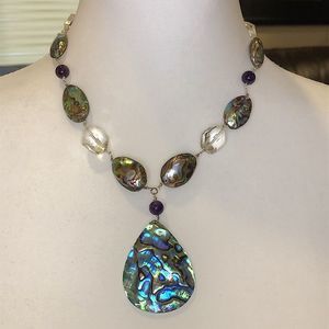 Vintage Abalone Amethyst Crystal Necklace with Abalone Teardrop Pendant